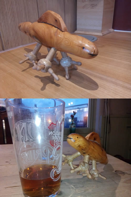 Newt, made from yew (body) and oak. He likes a beer!