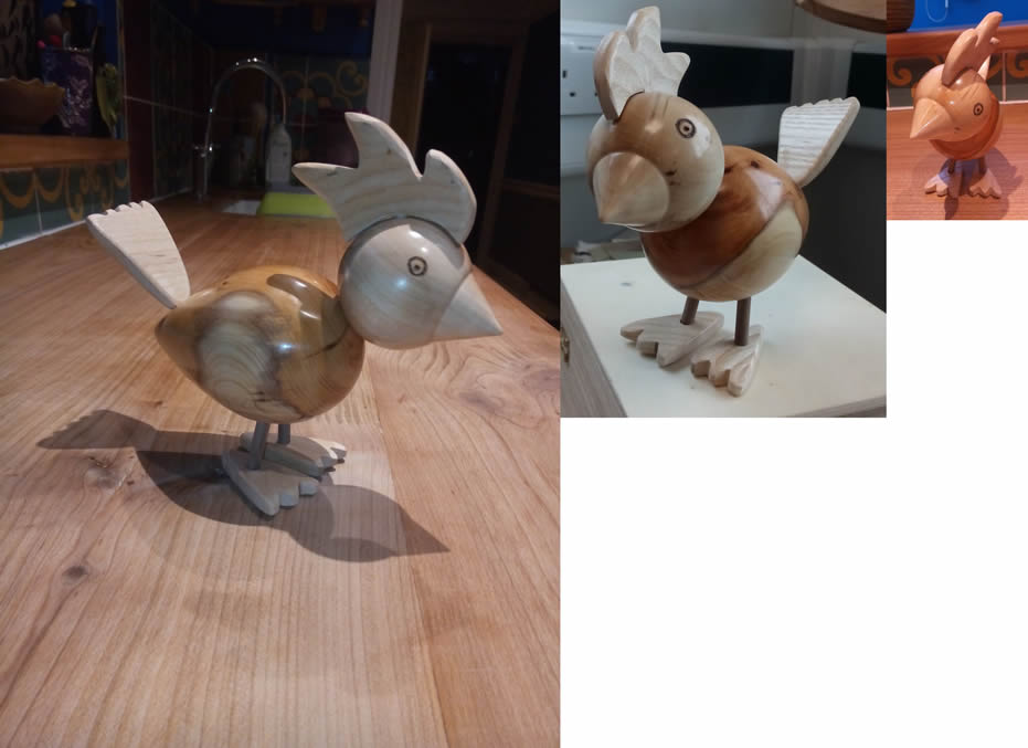 Hen, made from yew (body), apple (head), ash (comb, feet and tail), and a bit of walnut (legs)