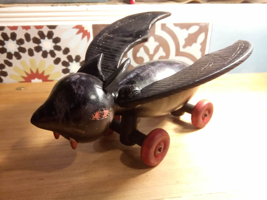 A vampire-bat-car! This was made in collaboration with my son, for the wooden car race (one year on from the 'mos-car-to'). See our video explaining how we did it!