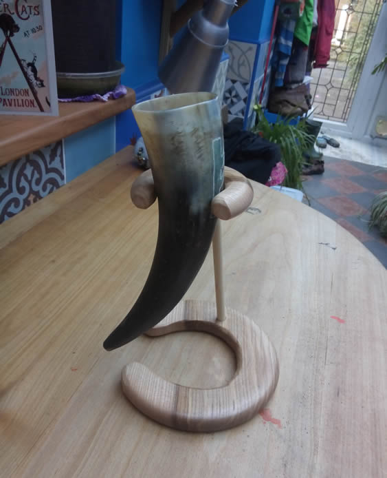 My son is a Viking enthusiast, and spent his pocket money savings on this drinking horn at a Viking festival in York. It is difficult to put down mid-drink, so I made this stand